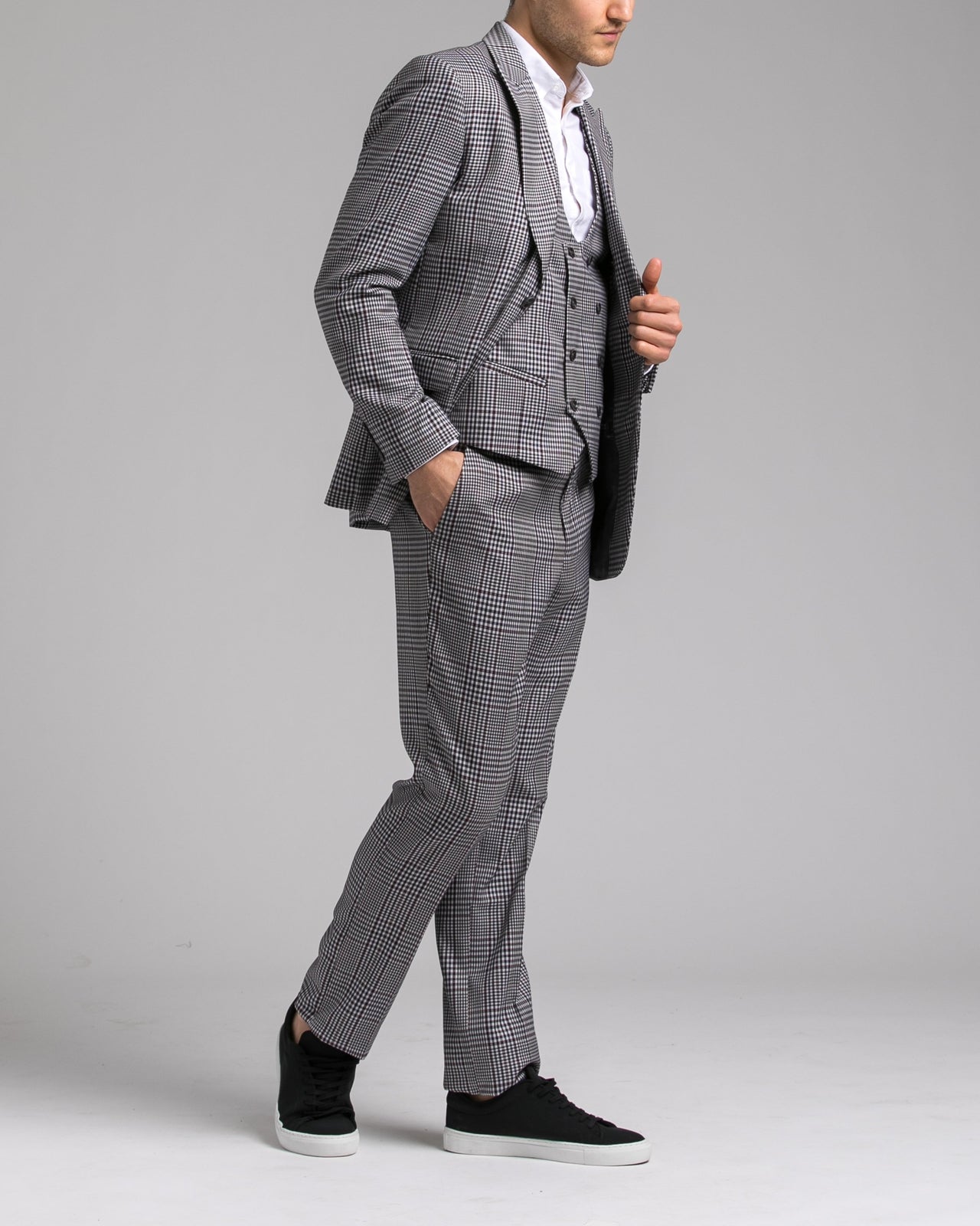 Dorsia Suit Pant - Color: Grey Burgundy Plaid | Gray