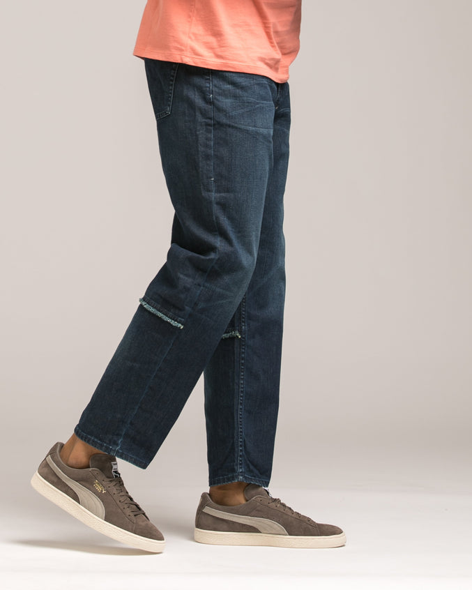 Tapered Stretch Raw Edge Denim - Color: Dark Wash | Blue