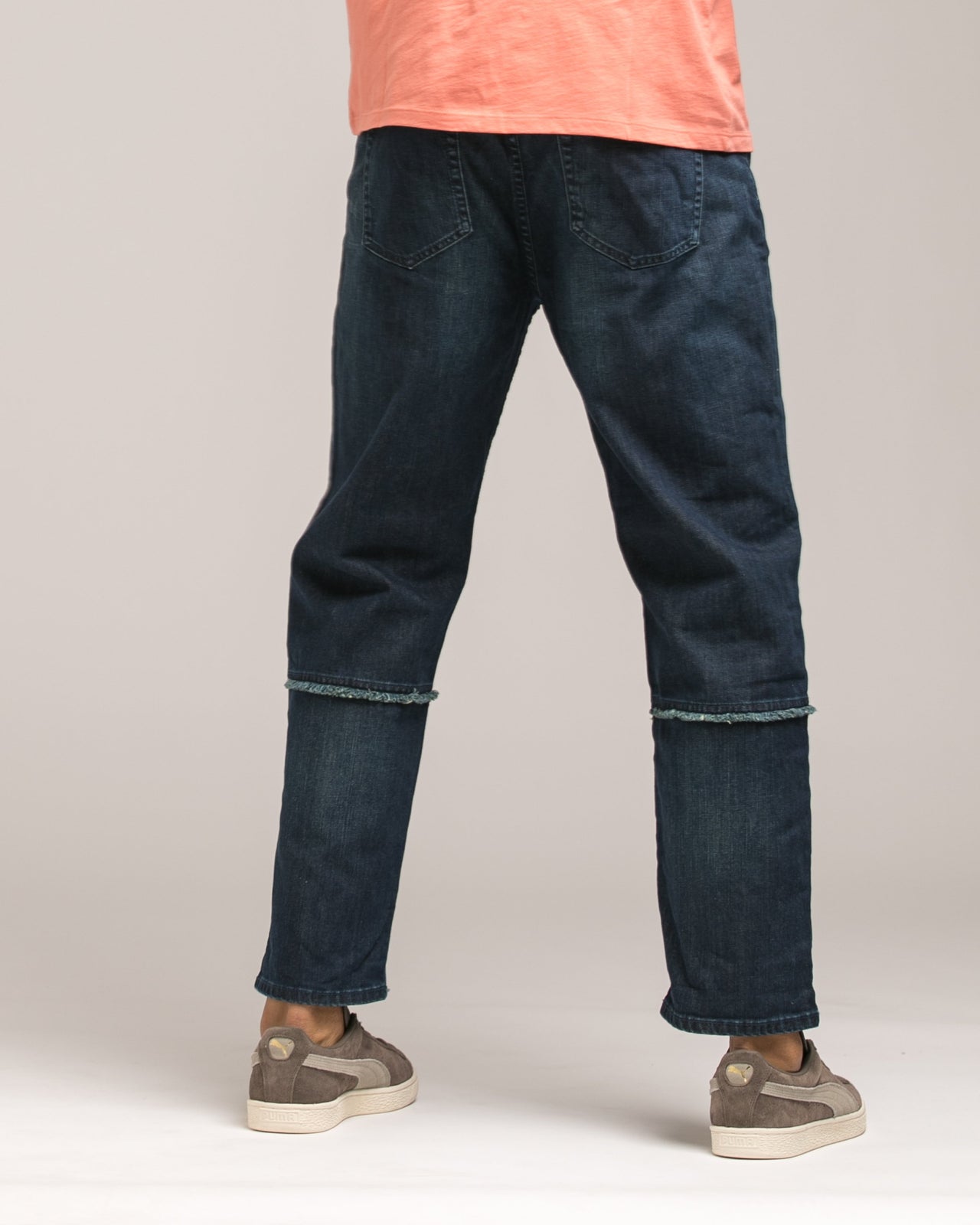 Tapered Stretch Raw Edge Denim - Color: Dark Wash | Blue