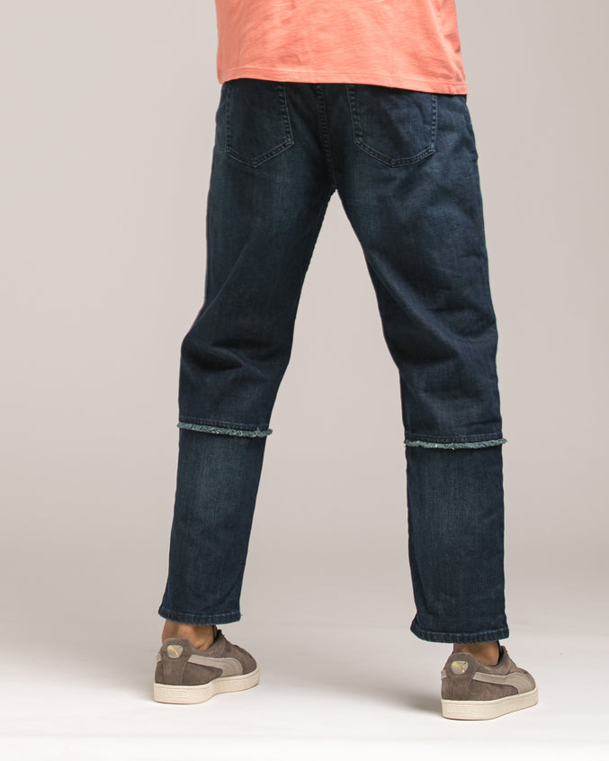 Tapered Stretch Raw Edge Denim - Color: Dark Wash | Blue