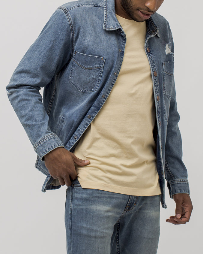 Denim Destroy Shirt Jacket - Color: Light Wash | Blue