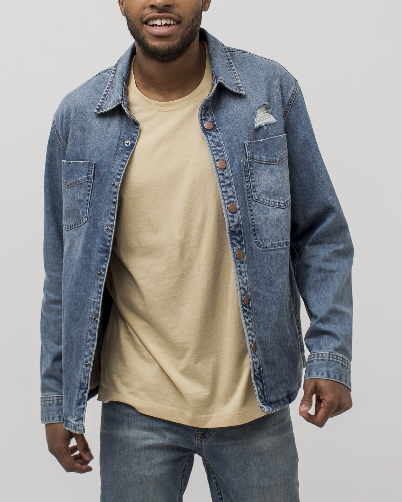 Denim Destroy Shirt Jacket - Color: Light Wash | Blue