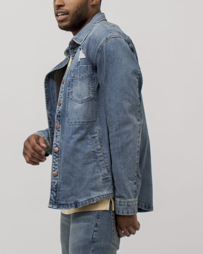 Denim Destroy Shirt Jacket - Color: Light Wash | Blue